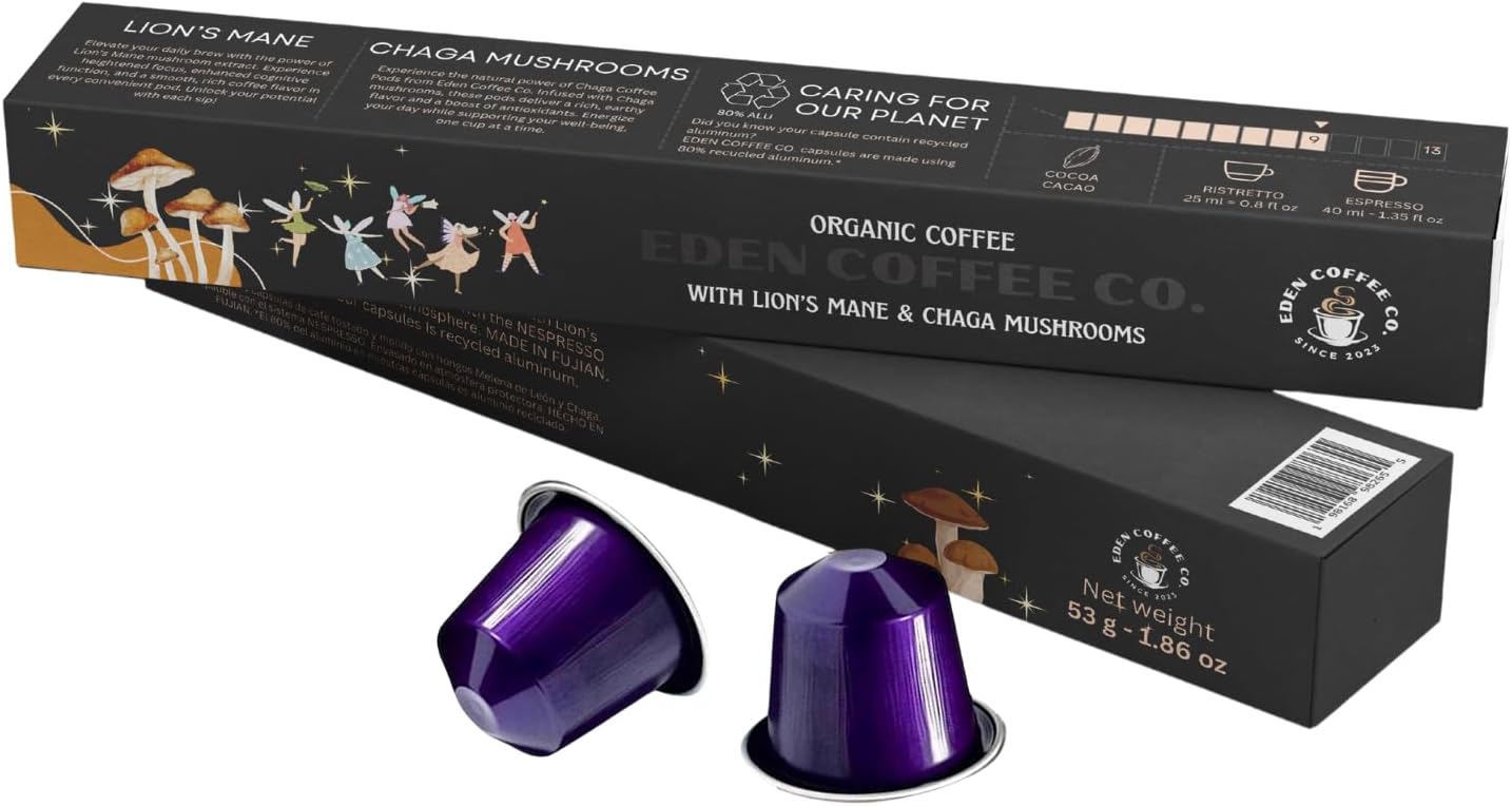 Eden Coffee Organic Capsules Compatible with Nespresso with Lion's Mane and Chaga Mushrooms - Brain & Immune Support - Vegan & Keto - Antioxidants & Superfoods - 3 Pack 30 Count