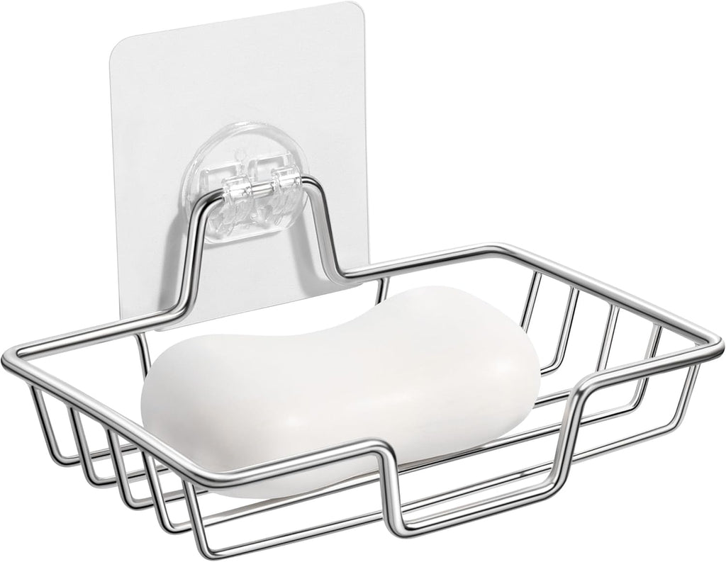 Rainspire Soap Dish Holder, No Drilling, 304 Rustproof Stainless Steel, Wall Mounted Soap Holder Soap Tray Bar Soap Sponge Holder for Bathroom & Kitchen, Square (Silver)