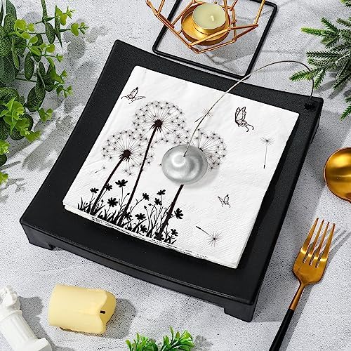 AnyDesign 100 Pack Dandelion Paper Napkins White Black Floral Luncheon Napkins Disposable Decorative Dinner Hand Napkin for Wedding Baby Shower Birthday Tea Party Supplies