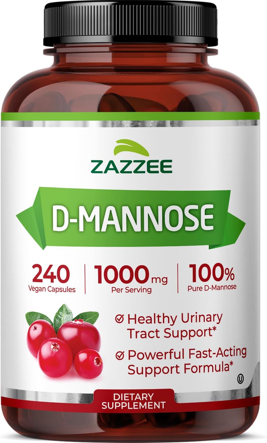 Zazzee D-Mannose, 1000 mg per Serving, 240 Vegan Capsules, 4 Month Supply, Potent & Fast-Acting, Certified Kosher, 100% Pure, All-Natural Urinary Tract Health Support, 100% Vegetarian, Non-GMO