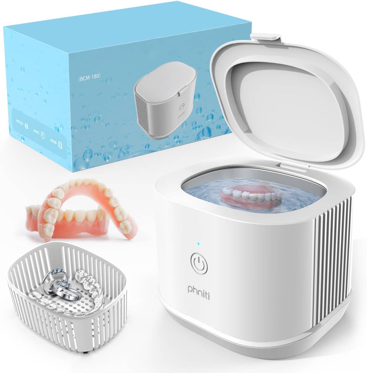 Ultrasonic Jewelry Cleaner, Phniti 46kHz Professional Portable Ultrasonic Retainer Cleaner Machine with Timer for Dental Retainer, Mouth Guard, Watch, Ring, Diamond - Household Use, White