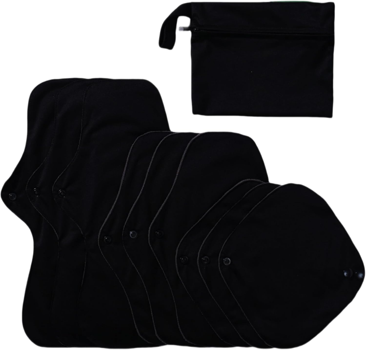 Black Snaps Soft Adjustable Snaps Cloth Reusable Menstrual Pads - Reusable Sanitary Pads | Reusable Panty Liners | -9 pcs Three Size Cloth Sanitary Pad with 1 Bag(3331纯黑)