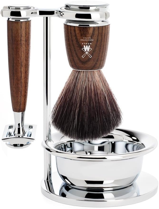 MÜHLE RYTMO Steamed Ash 4-piece Black Fiber Safety Razor (Closed Comb) Shaving Set For Men - Perfect for Every Day Use, Barbershop Quality Close Smooth Shave