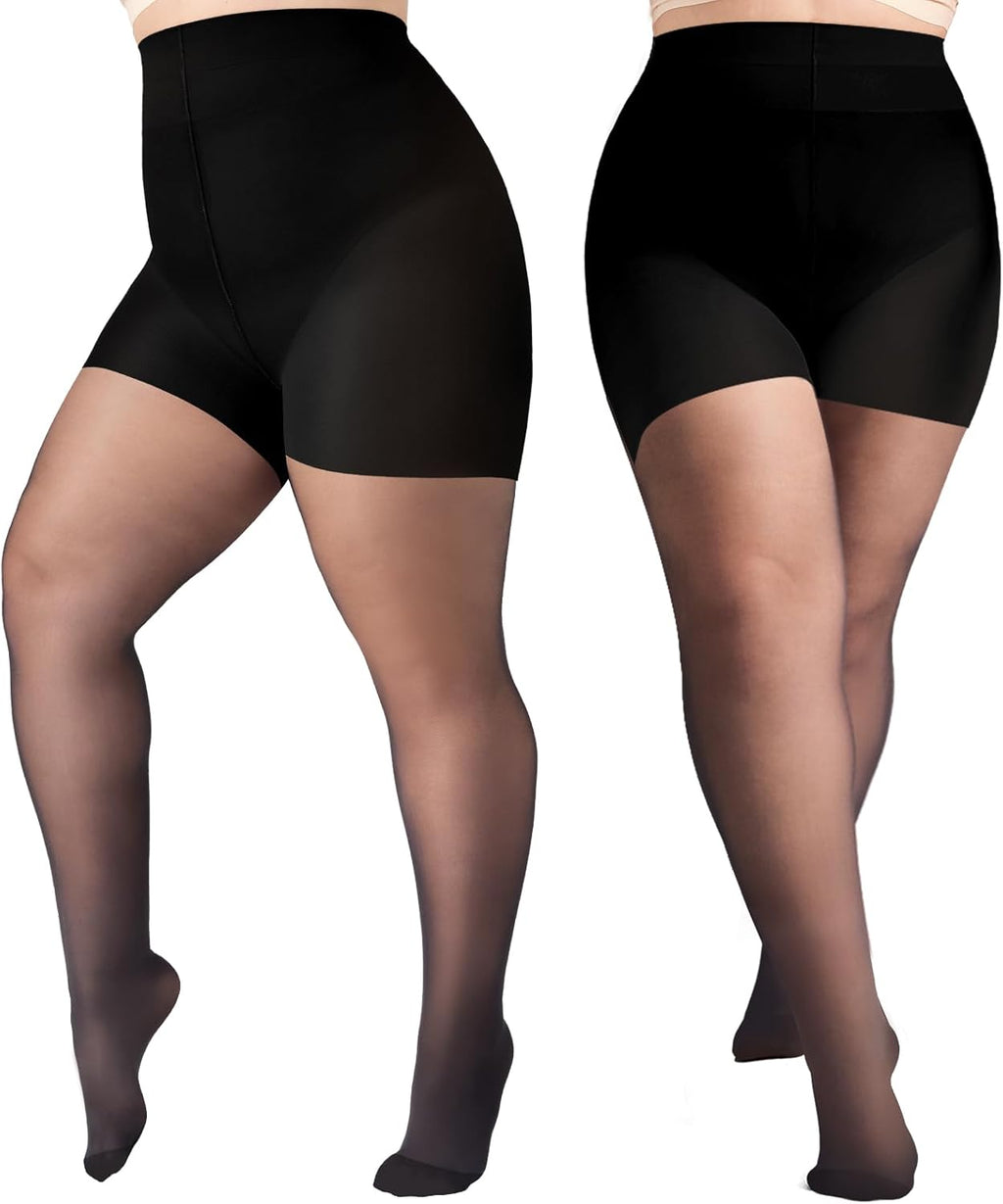 2 Pairs Plus Size Control Top Pantyhose Ultra-High Waist Tights 40D Sheer Shaping Support Stockings