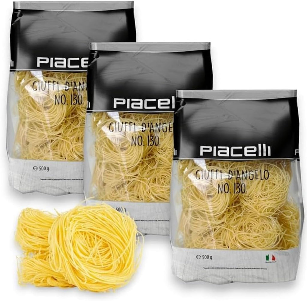 Piacelli Angel Tufts Pasta- Angel Pasta Made from Durum Wheat With Rich Taste & Silky Texture- Protein Noodles for Nutritious Italian Meals- Healthy Noodles Loved by Families for Everyday Cooking- 3Pack