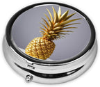 ZhongGuo Gold Pineapple Printed Pill Organizer,Round Travel Pill Organizer Mini Medicine Pill Box for Purse Iron Plating