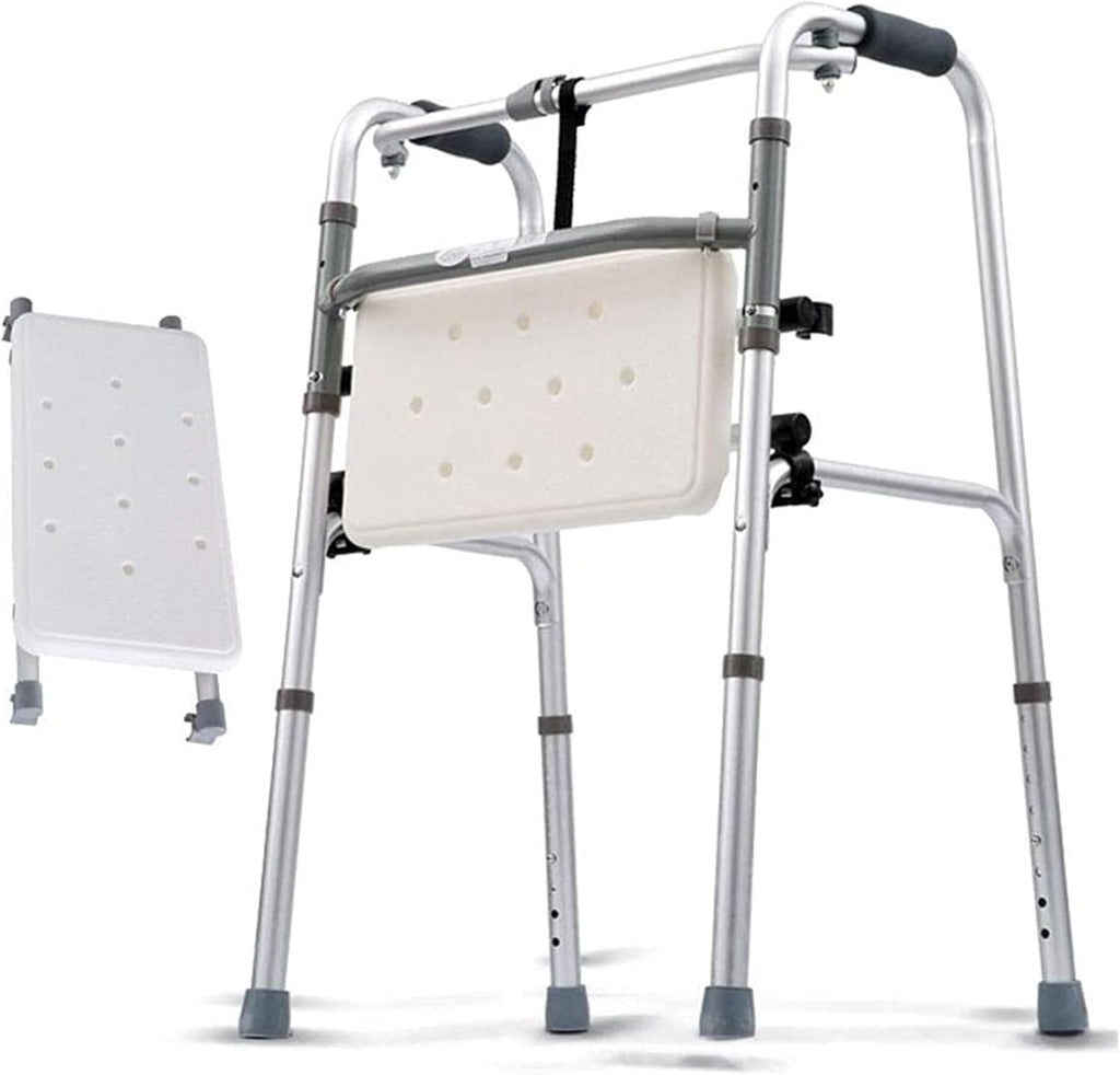 Foldable Shower Chair,Geriatric Elderly - Adjustable Height Mobility Aid Walking Frame,Crutch with Padded Seat