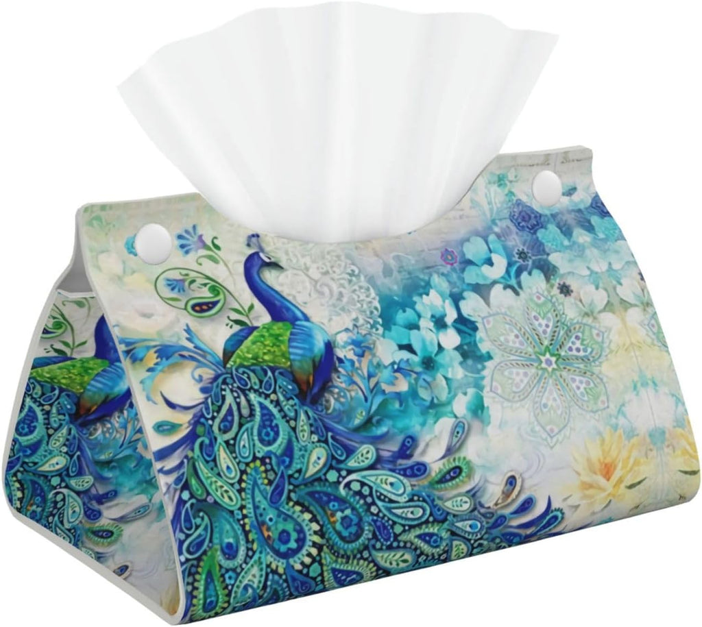 Peacocks and flowers Tissue Box Cover Rectangle PU Leather Facial Tissue Case Paper Holder Organizer for Decor Bathroom Vanity Countertop Bedroom Dresser Night Stand Desk Tabletop Car Office