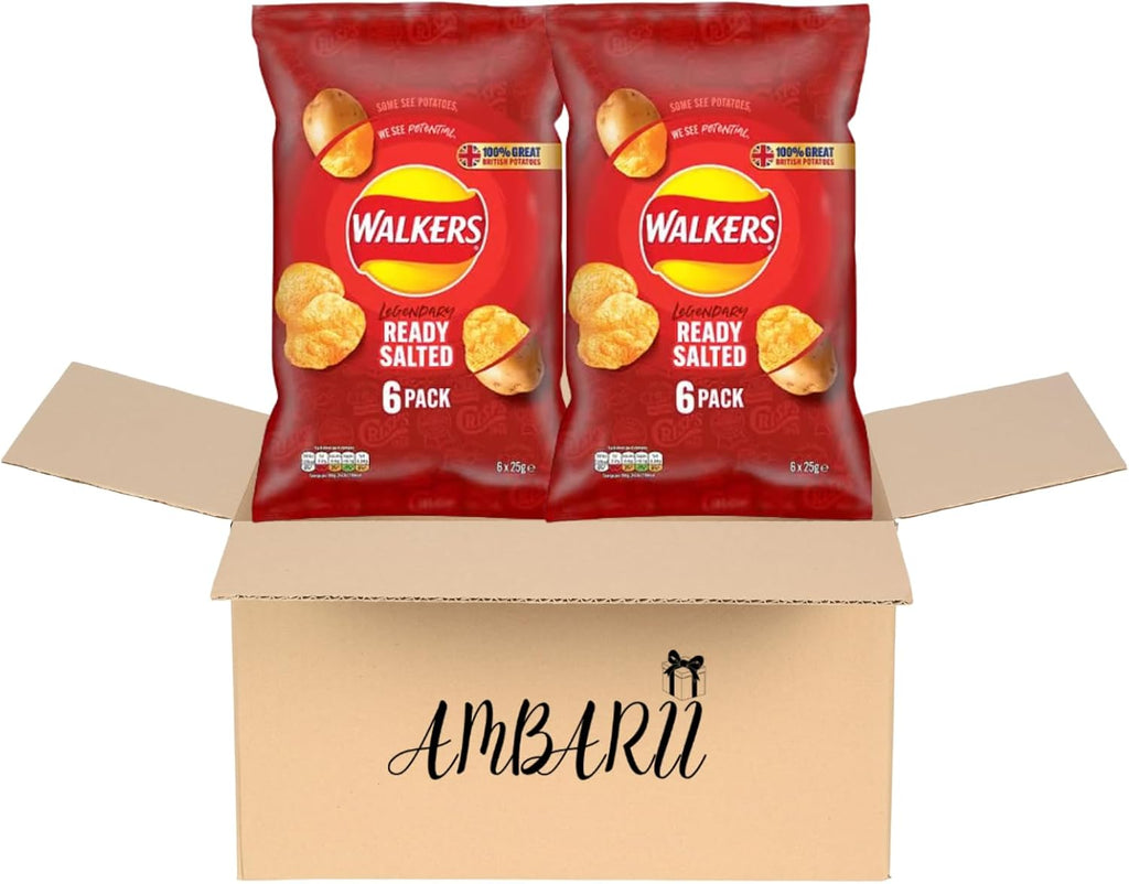 AMBARII Walkers Ready Salted Potato Crisps, Classic Chips, 25g Snack Size, 12 Count Multi Pack