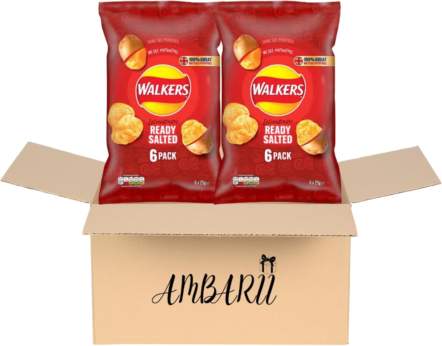 AMBARII Walkers Ready Salted Potato Crisps, Classic Chips, 25g Snack Size, 12 Count Multi Pack