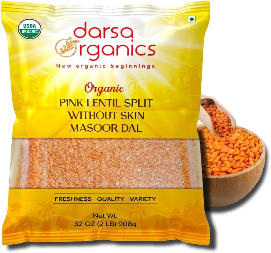 Darsa Organics Split Red Lentils (Masoor Dal) 2 lb |USDA Organic, Non-GMO, Vegan, Kosher| Rich in Protein & Fiber | Great for Soups, Salads & Curries