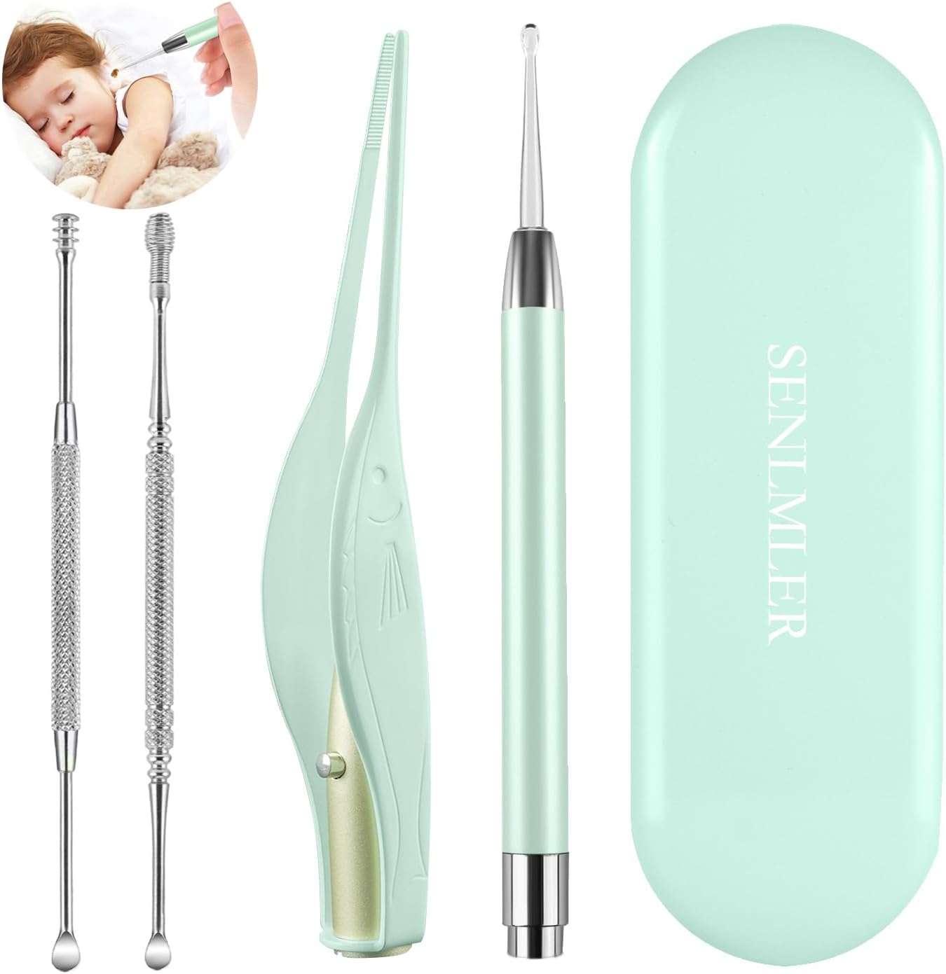 4 Pack Ear Wax Removal Tool Kit with Light, Ear Pick Ear Cleaning Tools Set for Kids and Adults, Ear Picks Digger & Tweezers & Spiral Spring Ear Spoon with Storage Box (Green)