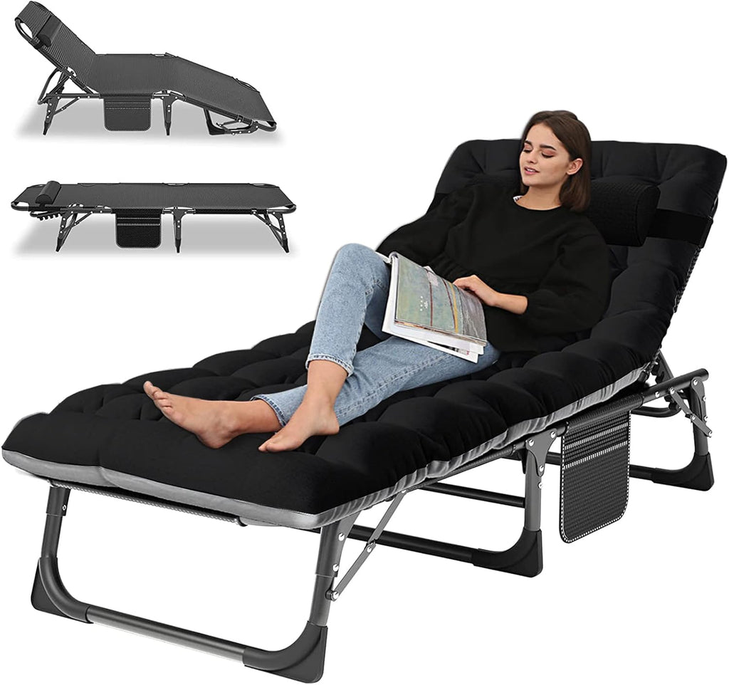LILYPELLE Portable Folding Cot Bed, Adjustable 5-Position Adults Reclining Chaise with Pillow, Outdoor Portable Lounge Chair Sleeping Cot for Camping, Pool, Beach, Patio