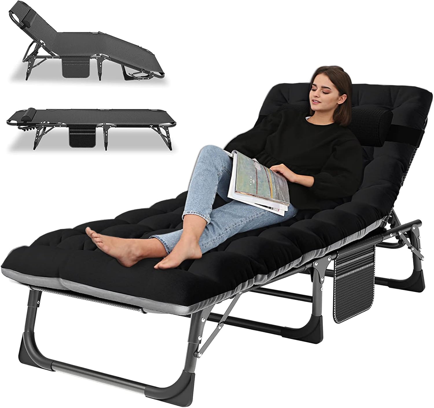 LILYPELLE Portable Folding Cot Bed, Adjustable 5-Position Adults Reclining Chaise with Pillow, Outdoor Portable Lounge Chair Sleeping Cot for Camping, Pool, Beach, Patio