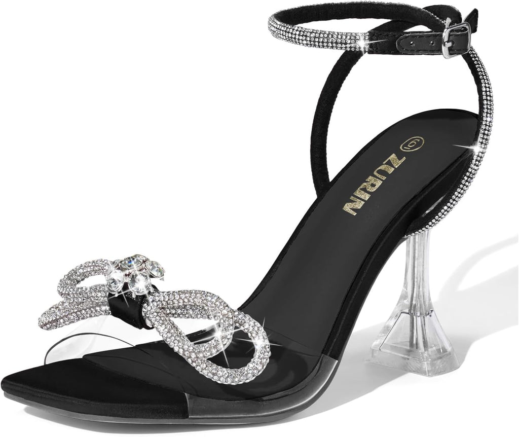 ZURIN Women's Rhinestone Bow Heels Square Toe Clear Heeled Sandals Slingback High Heels Dress Party Evening Prom Crystal Shoes