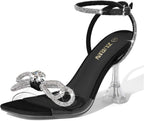 ZURIN Women's Rhinestone Bow Heels Square Toe Clear Heeled Sandals Slingback High Heels Dress Party Evening Prom Crystal Shoes