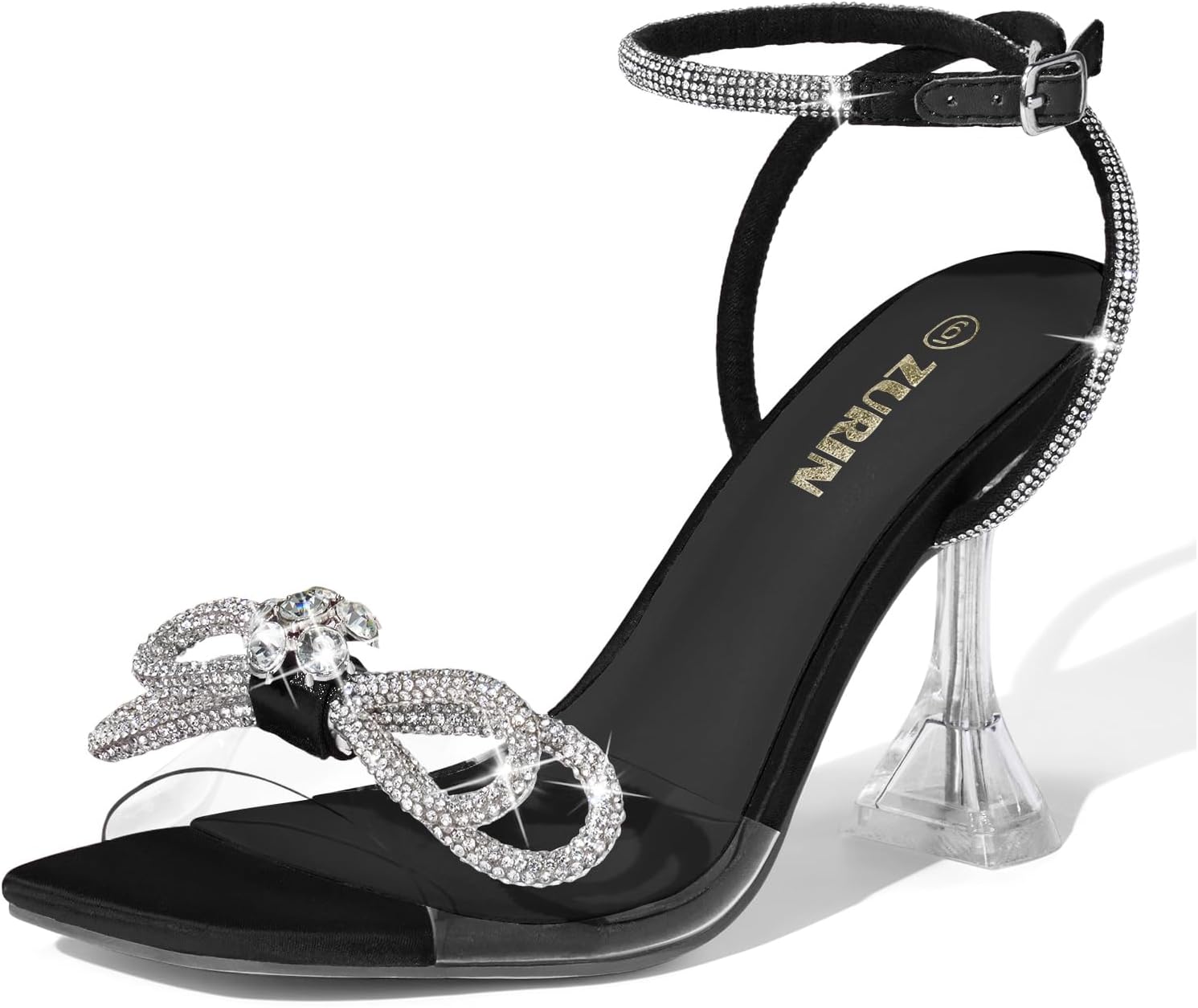 ZURIN Women's Rhinestone Bow Heels Square Toe Clear Heeled Sandals Slingback High Heels Dress Party Evening Prom Crystal Shoes