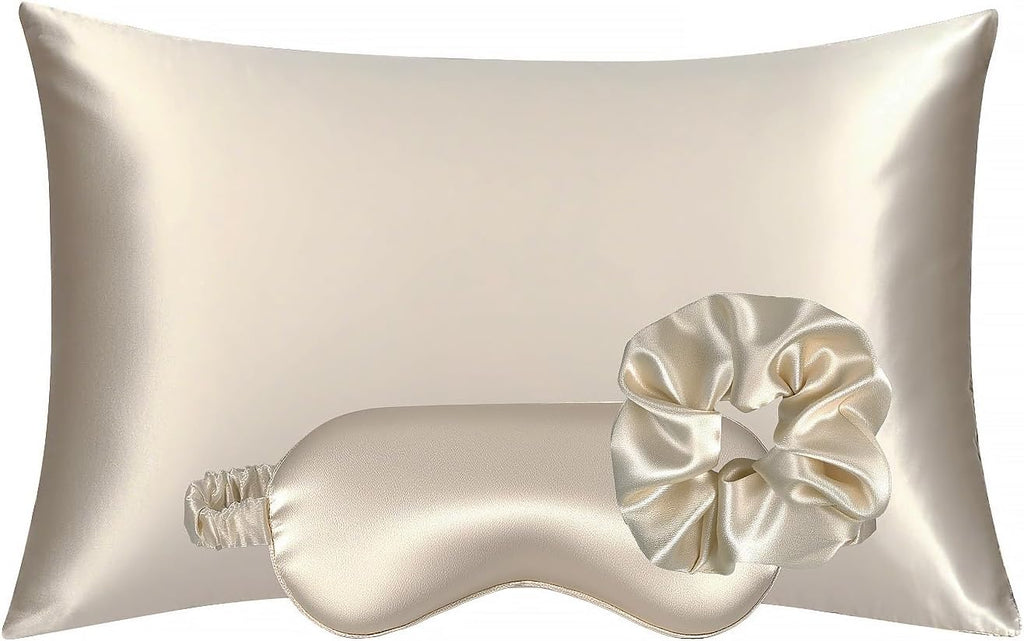 Vegan Silk Sleep Set, Vegan Silk Pillowcase with Large Scrunchie and Eye Mask for Hair and Skin, Self Care Essential Satin Night Routine Kit (Champagne Color)