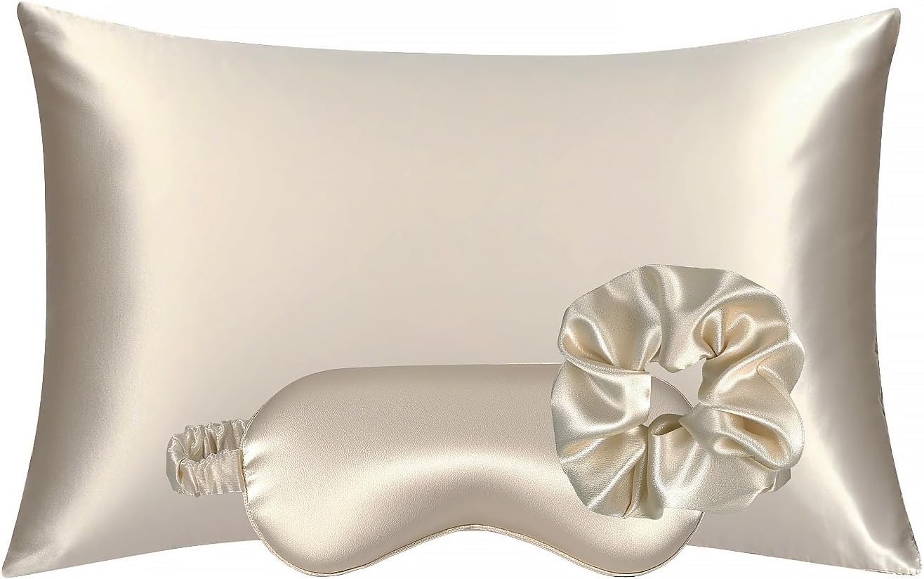 Vegan Silk Sleep Set, Vegan Silk Pillowcase with Large Scrunchie and Eye Mask for Hair and Skin, Self Care Essential Satin Night Routine Kit (Champagne Color)