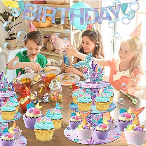 Large 3-Tier Mermaid Cupcake Stand 12Inch Cardboard Cupcake Tray for Wedding Birthday Baby Shower Mermaid Birthday Party Supplies