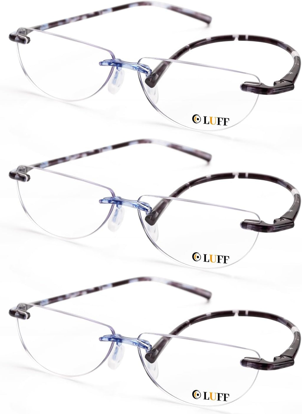 LUFF 3 Pack Rimless Half Moon Reading Glasses TR90 Flexible Lightweight Readers Women Men Blue Light Computer Eyeglasses