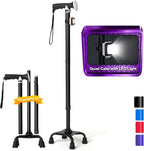 Quad Cane (300 lbs) - Adjustable Walking Cane with Large 4-Pronged Base & LED Light, Extra Balance & Stability Walking Stick for Seniors, Men & Women