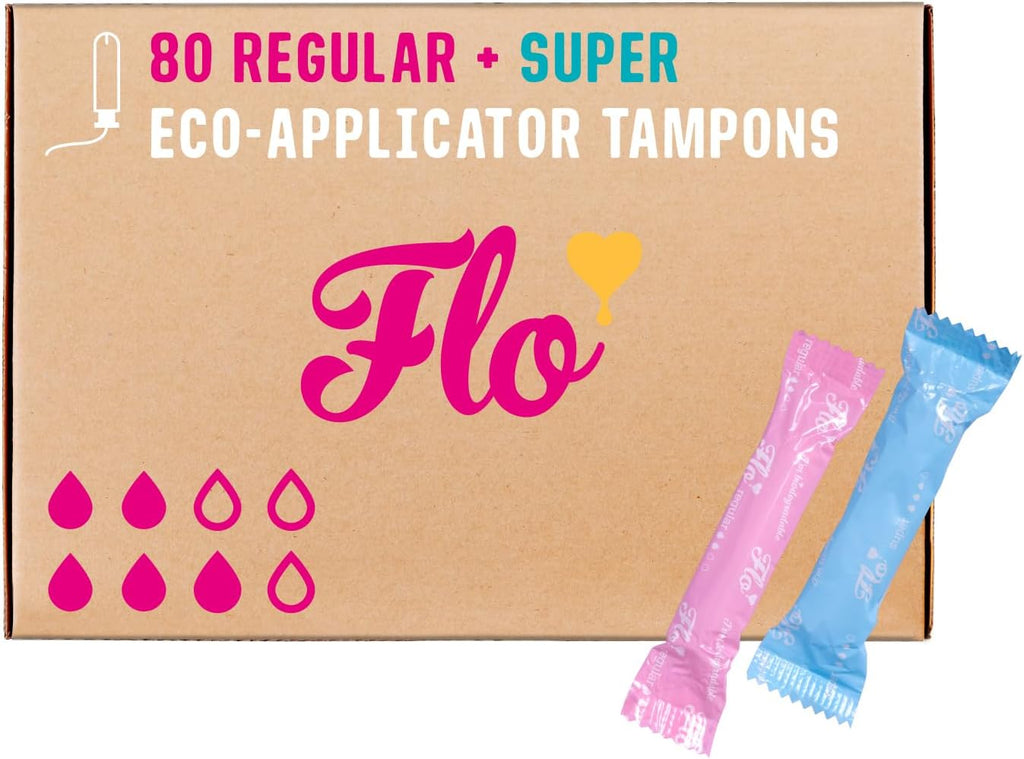Flo - Organic Cotton Tampons for Women - 80 Pack (44 Regular, 36 Super) - Leak Proof - No Synthetic Fibers, Chlorine Bleach, Added Dyes - Bio-Plastic Applicator - Feminine Care - Vegan & Cruelty Free