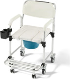 4-in-1 Bedside Commode Shower Wheelchair for Elderly and Disabled, Commode Chair with 4 Lockable Wheels, Detachable Bucket, Padded Seat&Armrests,Transport Chair with Flip-up Footrest, White