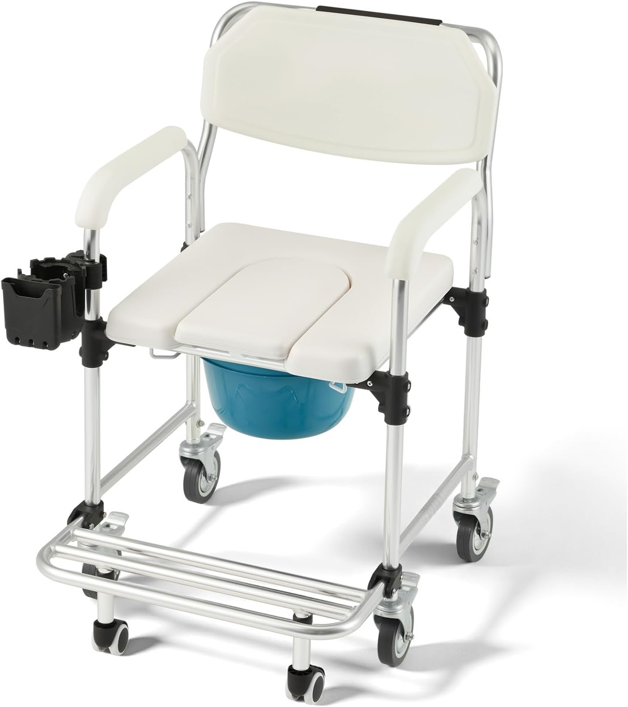 4-in-1 Bedside Commode Shower Wheelchair for Elderly and Disabled, Commode Chair with 4 Lockable Wheels, Detachable Bucket, Padded Seat&Armrests,Transport Chair with Flip-up Footrest, White