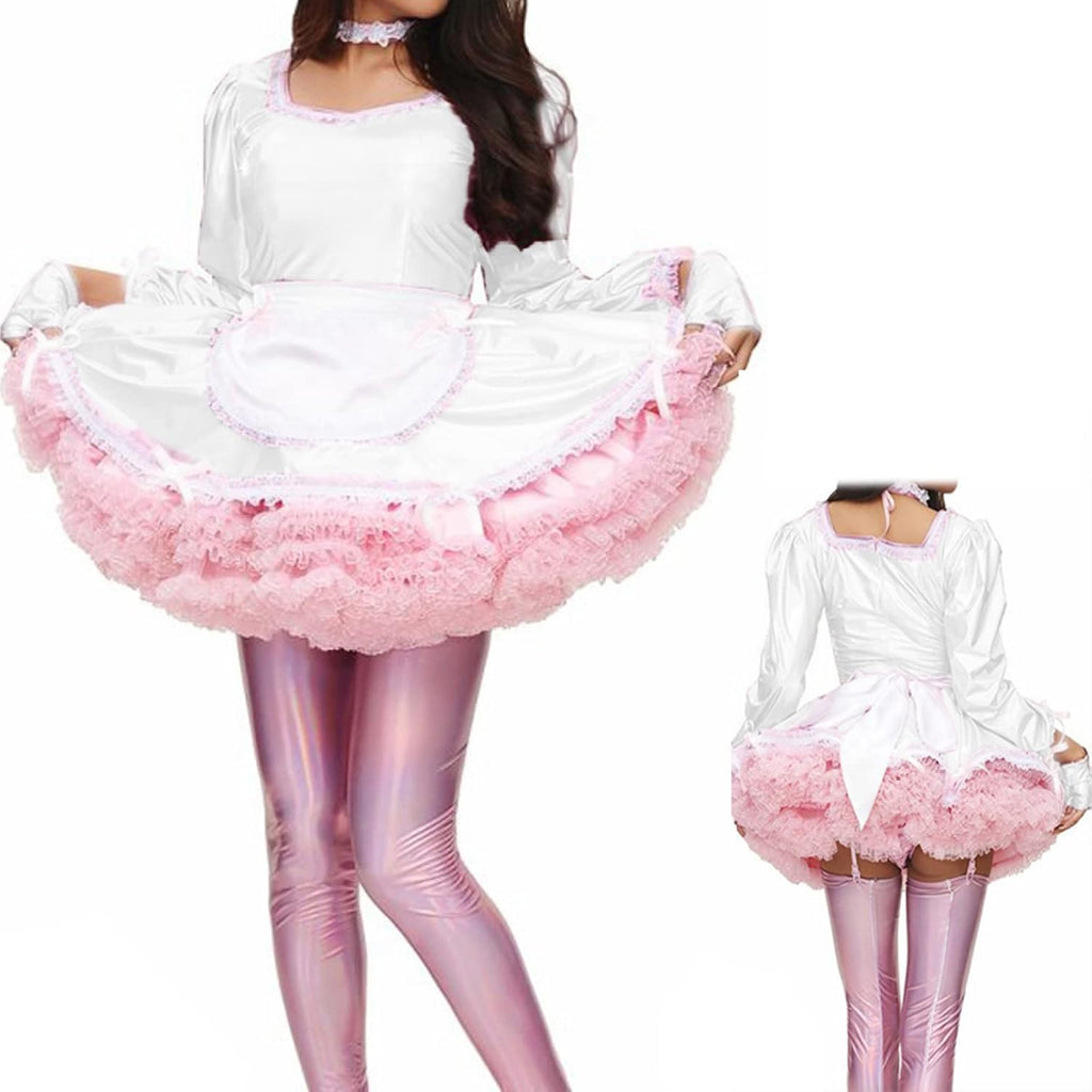 Dress Fancy Apron Maid Dress Laser Long Sleeve Shiny Costume Gloves and Neckwear,White,L