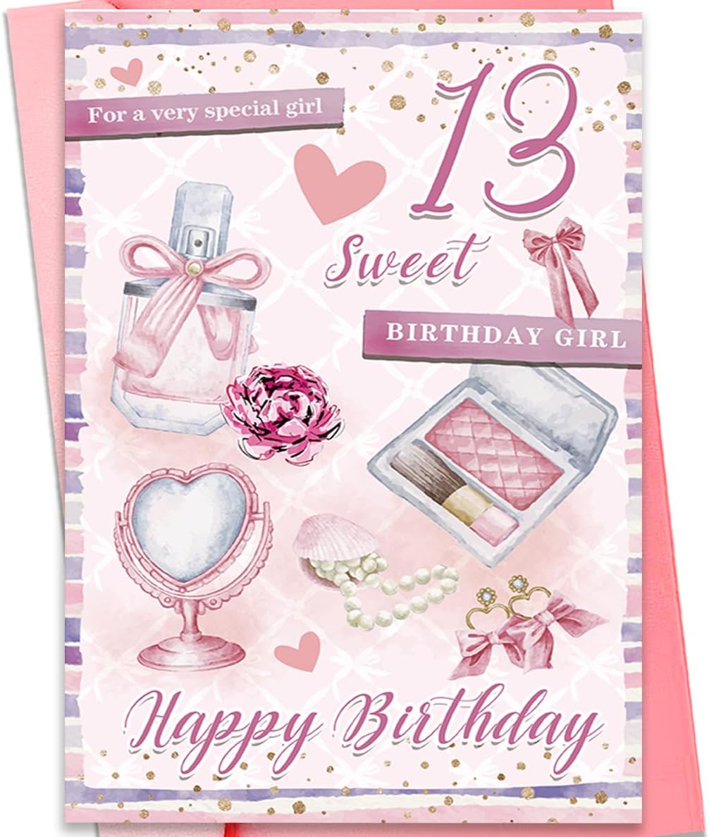 fancu Happy 13th Birthday Card for Girls, Sweet Fashion Bithday Card for 13th Girls, Pink Beauty Themed Card,Birthday Card for Special Daughter Granddaughter, Perfume, Makeup & Pearl Design