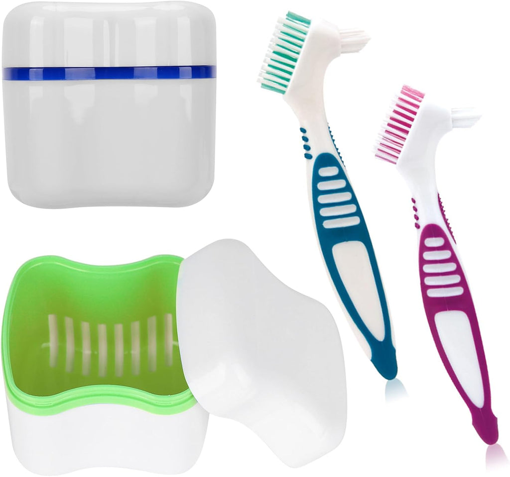 Denture Cleaner Box and Brush Set - 2 Pack Denture Bath Case with Basket + 2 Pack Denture Brush, Portable Denture Retainer Storage Box, False Teeth Brushes for Oral Care (Green and Dark blue)