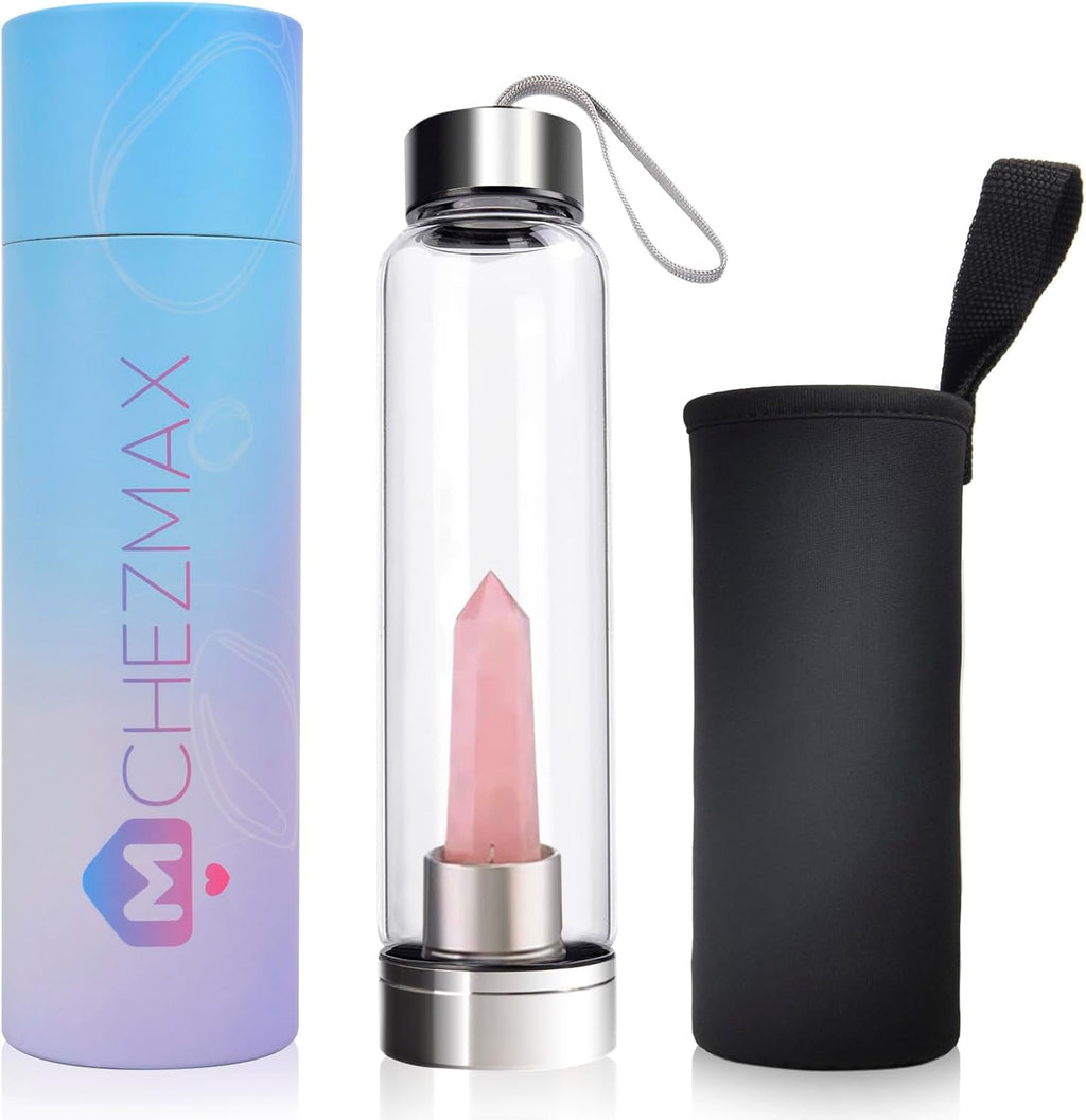 ChezMax Crystal Glass Water Bottle, Glass Water Bottles with Changeable Natural Crystal Center, Quartz Gemstone Water Bottle for Natural