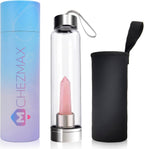 ChezMax Crystal Glass Water Bottle, Glass Water Bottles with Changeable Natural Crystal Center, Quartz Gemstone Water Bottle for Natural