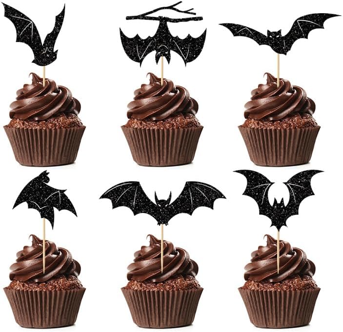 24Pcs Halloween Cupcake Toppers Black Glitter Bat Halloween Cupcake Picks for Halloween Theme Baby Shower Kids Birthday Party Cake Decorations Supplies - A