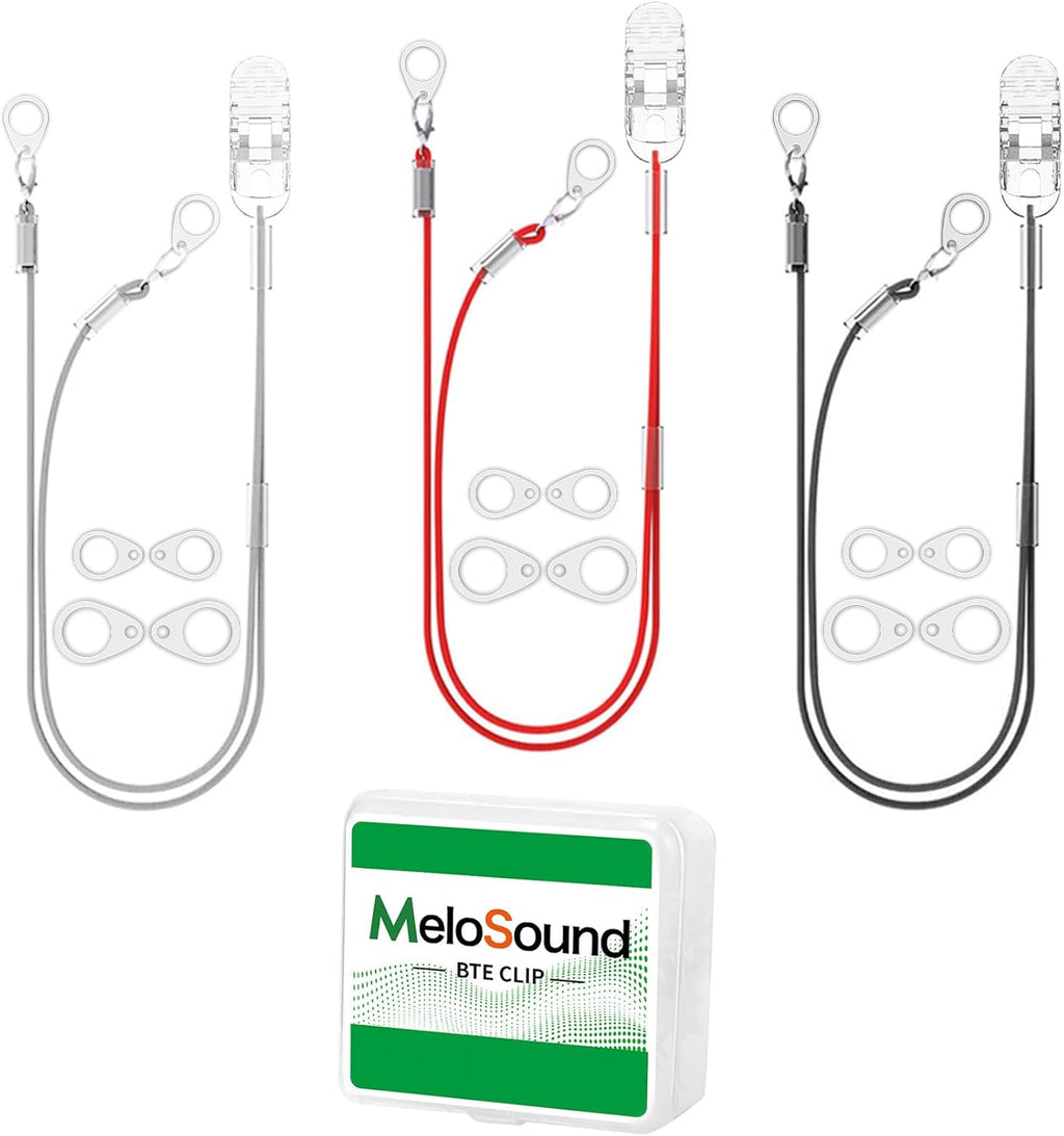 3-Pack Hearing Aid Clips to Prevent Loss, Hearing Aid Lanyard for Seniors, Retainer/Holder — Dual‑Ear Tether, Black/Gray/Red, Secure Alligator Clip, Compatible with Multiple Models