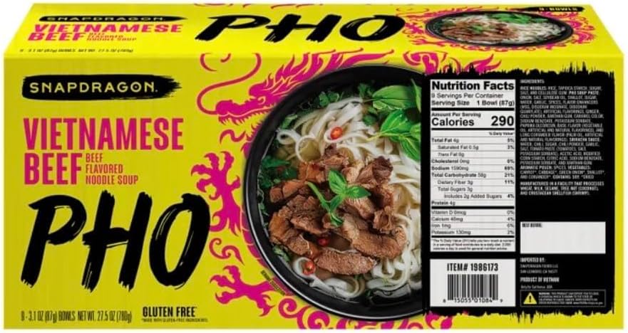 Vietnamese Pho Beef Noodle Soup Snapdragon 9 Bowls Pack, Ready in 3 Minutes, Gluten-Free, with Chili Oil