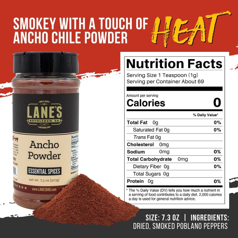 Lane's Ancho Chile Powder, 7.3 oz - All Natural Ground Ancho Chili Powder, Sweet & Smoky Flavor, Medium Heat, Made from Dried Poblano Peppers, Ideal for Mexican Dishes, Gluten Free Spice, Made in USA