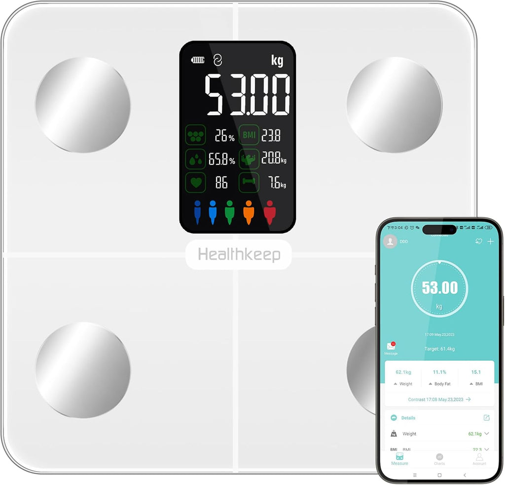 Healthkeep Body Fat Scale with Large VA Display, 15 Body Datas with Heart Rate, Smart Weight Scale Compatible with iOS & Android, Max 400lbs/180kg, 28cm, White