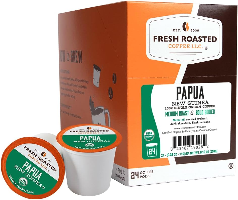 Fresh Roasted Coffee, Organic Papua New Guinea | USDA Organic, 100% Single Origin, Kosher | Medium Roast 24 Pods for K Cup Brewers