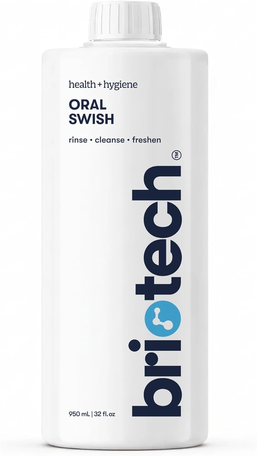 BRIOTECH Oral Swish, Hypochlorous Acid Mouthwash Rinse, Gentle Oral Care Hygiene, Fight Bad Breath, Support Against Plaque, Gum Irritation & Tender Gums, Alcohol & Fluoride Free, 32 fl oz