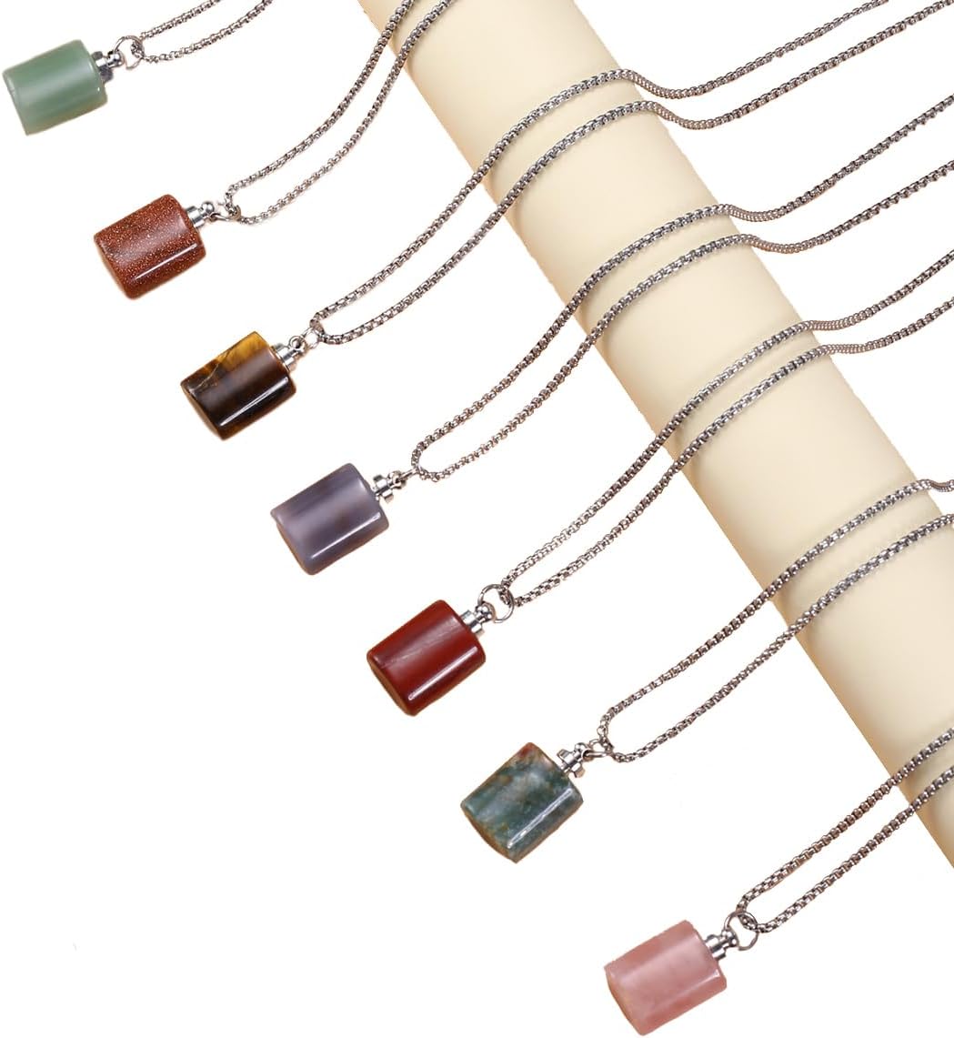 2PCS Natural Stone Perfume Bottle Pendant Necklace Rose Quartz Agate Link Chain Healing Crystals Stone Charms Necklaces For Women