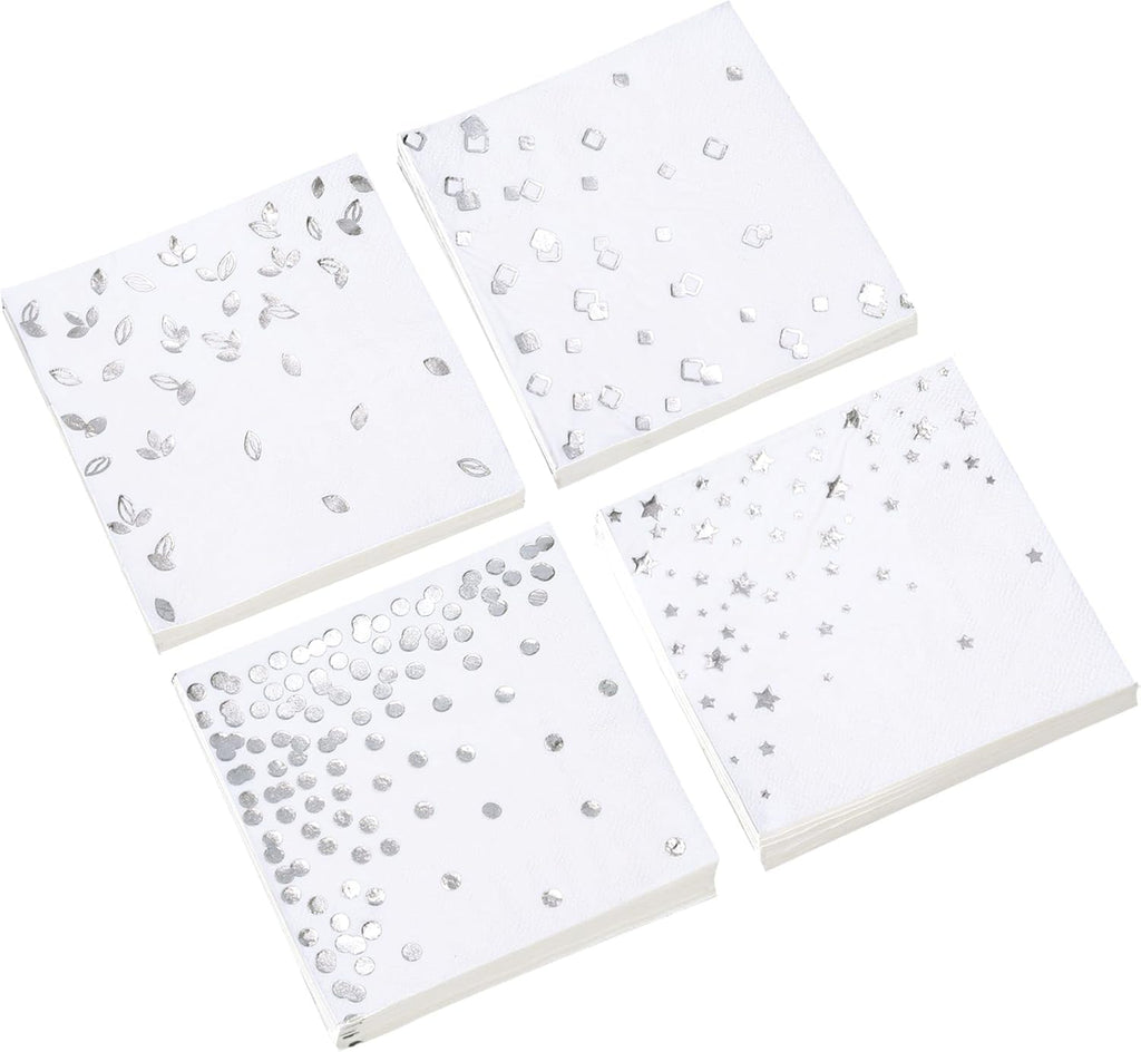 100 Silver Napkins - 4 Assorted Designs l 3-Ply Cocktail Napkins Paper Folded 5 x 5 Inches l Bar Napkins Disposable Party Napkin for Wedding Baby Shower Birthday (Assorted Pink)