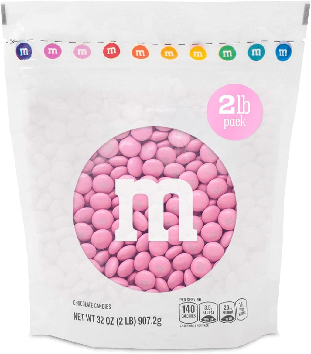 M&M’S WORLD Pink Milk Chocolate Candy 2lb Resealable Pack for Party Favors Decor Baby Shower Gender Reveal Valentines Day and Dessert Tables