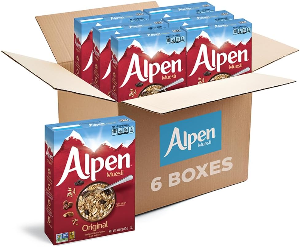 Alpen Muesli Original Cereal, Heart Healthy Cereal with Wheat Flakes, Rolled Oats, Nuts and Raisins, Non-GMO Project Verified, 14 OZ Box (Pack of 6)