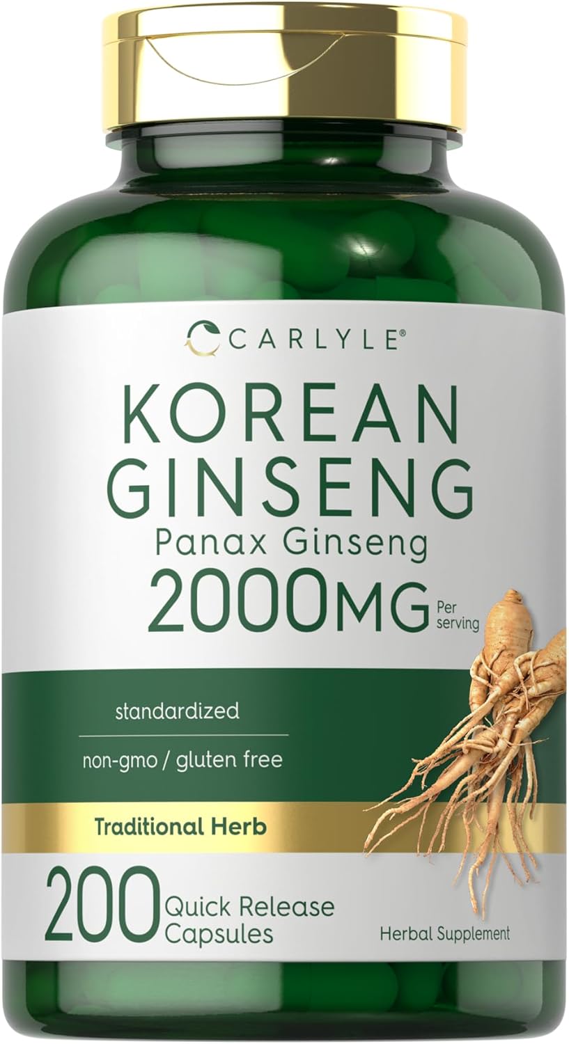 Carlyle Korean Ginseng Capsules | 2000mg Extract | 200 Count | Non-GMO and Gluten Free Formula | Standardized Panax Ginseng Supplement