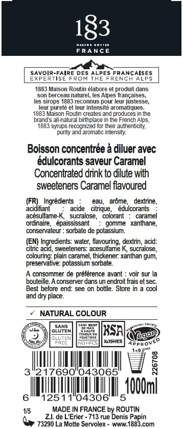 1883 Sugar Free Caramel Syrup for Drinks, Made in France, 1 Liter Plastic Bottle