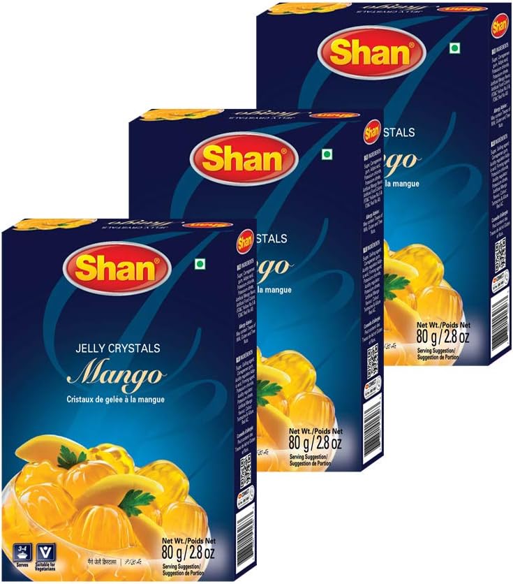 Shan Jelly Crystals Mango 2.82 oz (80g) - Cristaux De Gelee a la mangue - Quick and Easy Jello - Suitable for Vegetarians - Airtight Bag in a Box (Pack of 3)