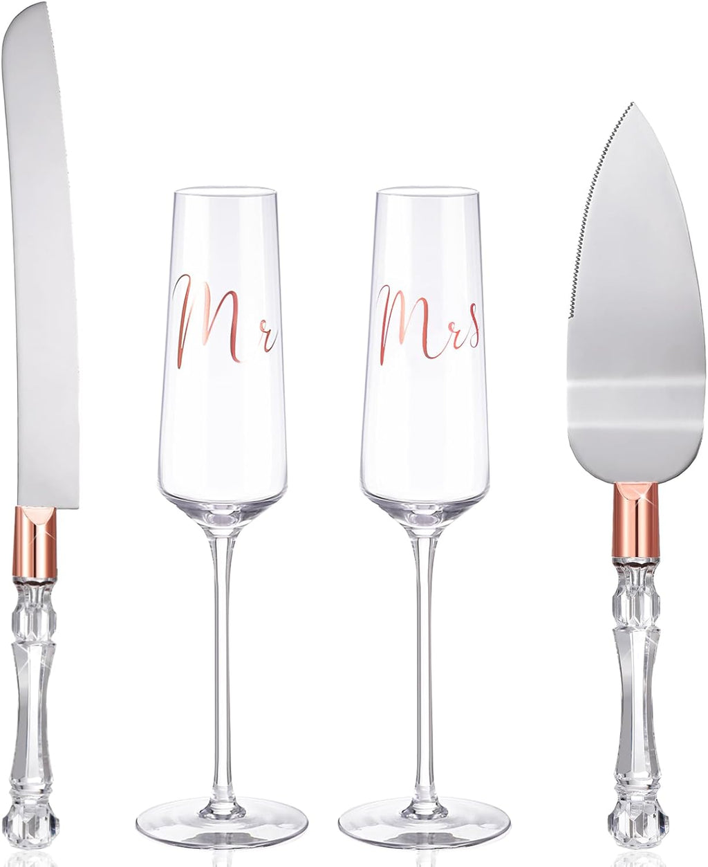 Boao 4 Pieces Wedding Toasting Flutes and Cake Server Set Wedding Reception Supplies Champagne Glasses Cake Knife Pie Server (Rose Gold,Classic)