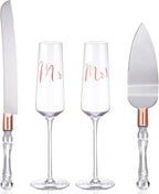 Boao 4 Pieces Wedding Toasting Flutes and Cake Server Set Wedding Reception Supplies Champagne Glasses Cake Knife Pie Server (Rose Gold,Classic)